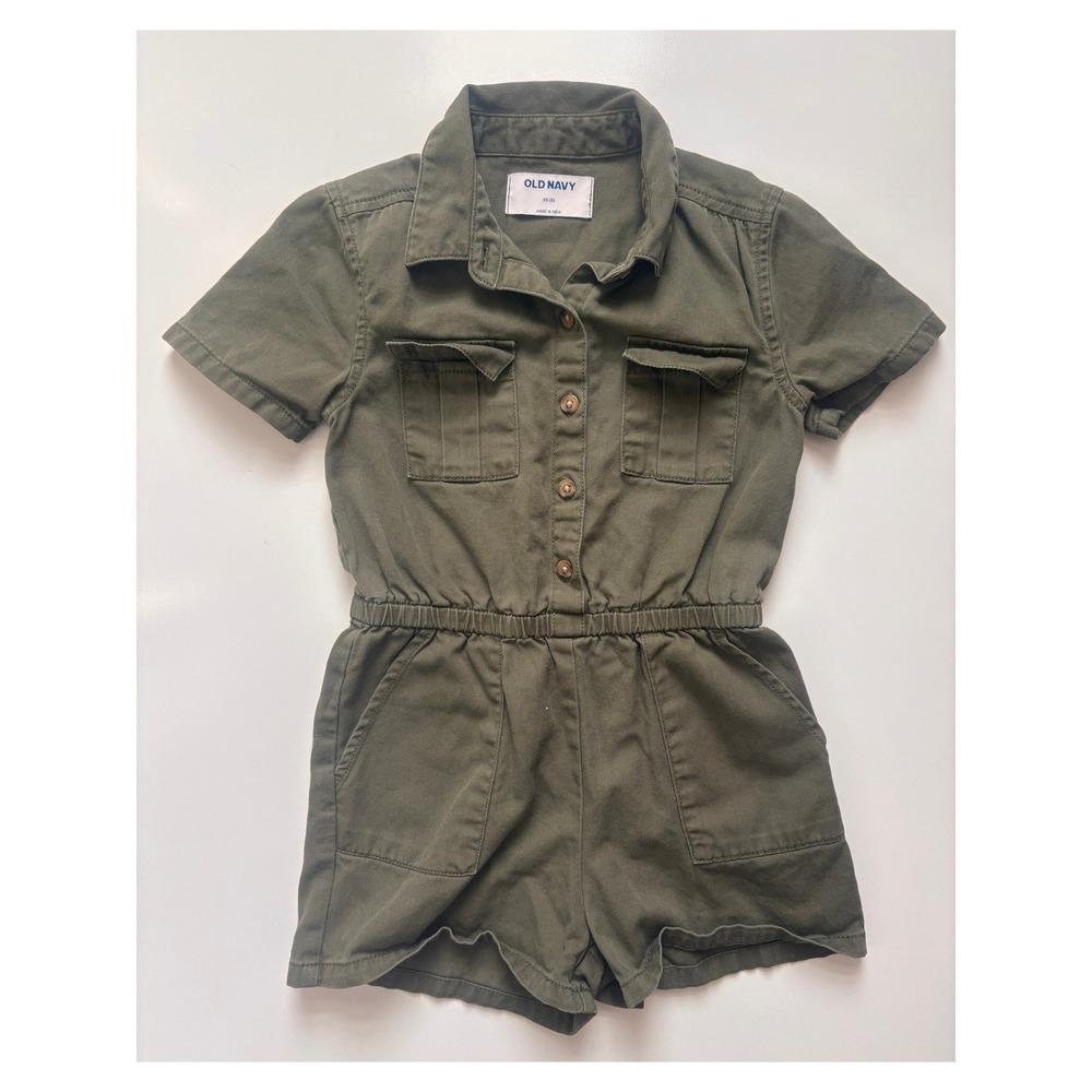 Old Navy Girls Olive Green Utility Romper Short Sleeve Cotton Size XS 5